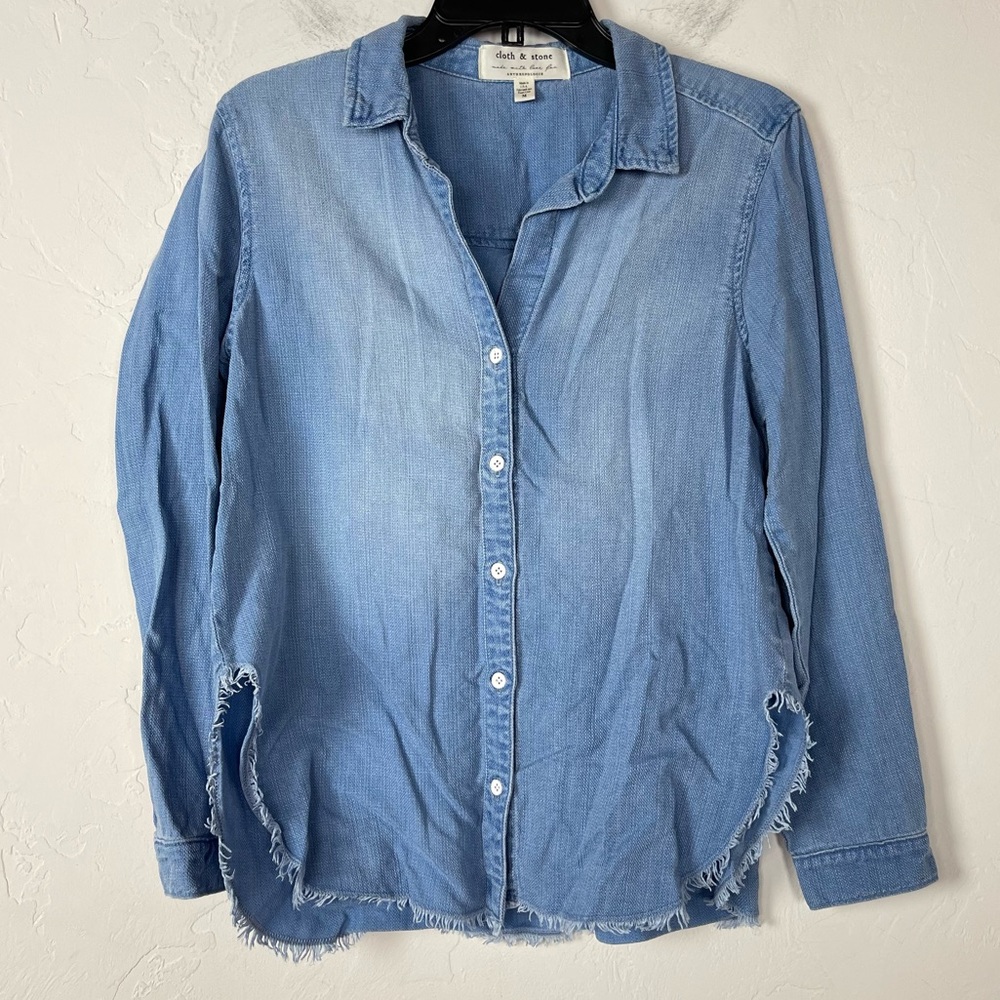 Anthropologie Blouse Popover Shirt Top Denim Chambray Button Down Raw Fringe Hem